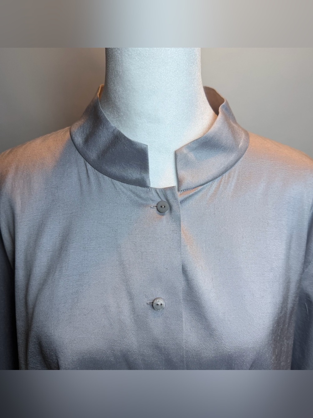 Eileen Fisher Silk Georgette Crepe Mandarin Collar Long Shirt- Light Gray - Picture 5 of 14